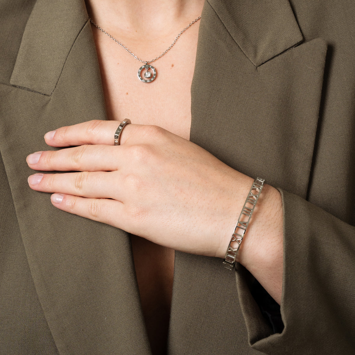 Roman Numeral Bracelet - Silver | Timeless Nickel-Free Design paired with necklace and ring, perfect for a coordinated jewelry look.