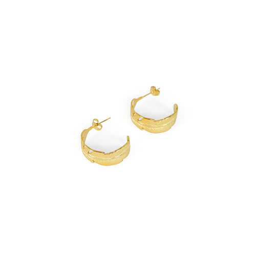 Feather Hoop Earrings - Gold Tone