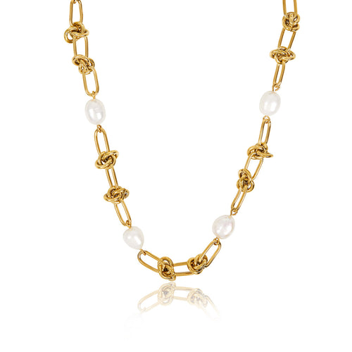 Pearl Knot Necklace - Gold Tone