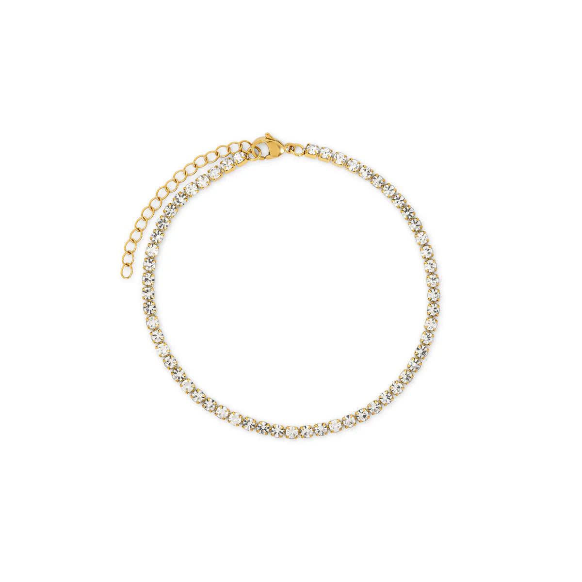 Gold tone tennis anklet with sparkling clear stones and adjustable clasp, water-safe for daily wear and perfect for beach or casual outfits.