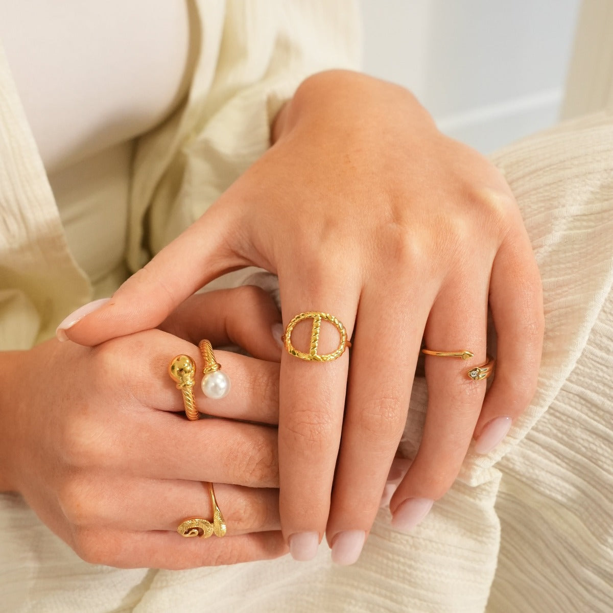 Pearl Ball Twisted Ring - Gold Tone