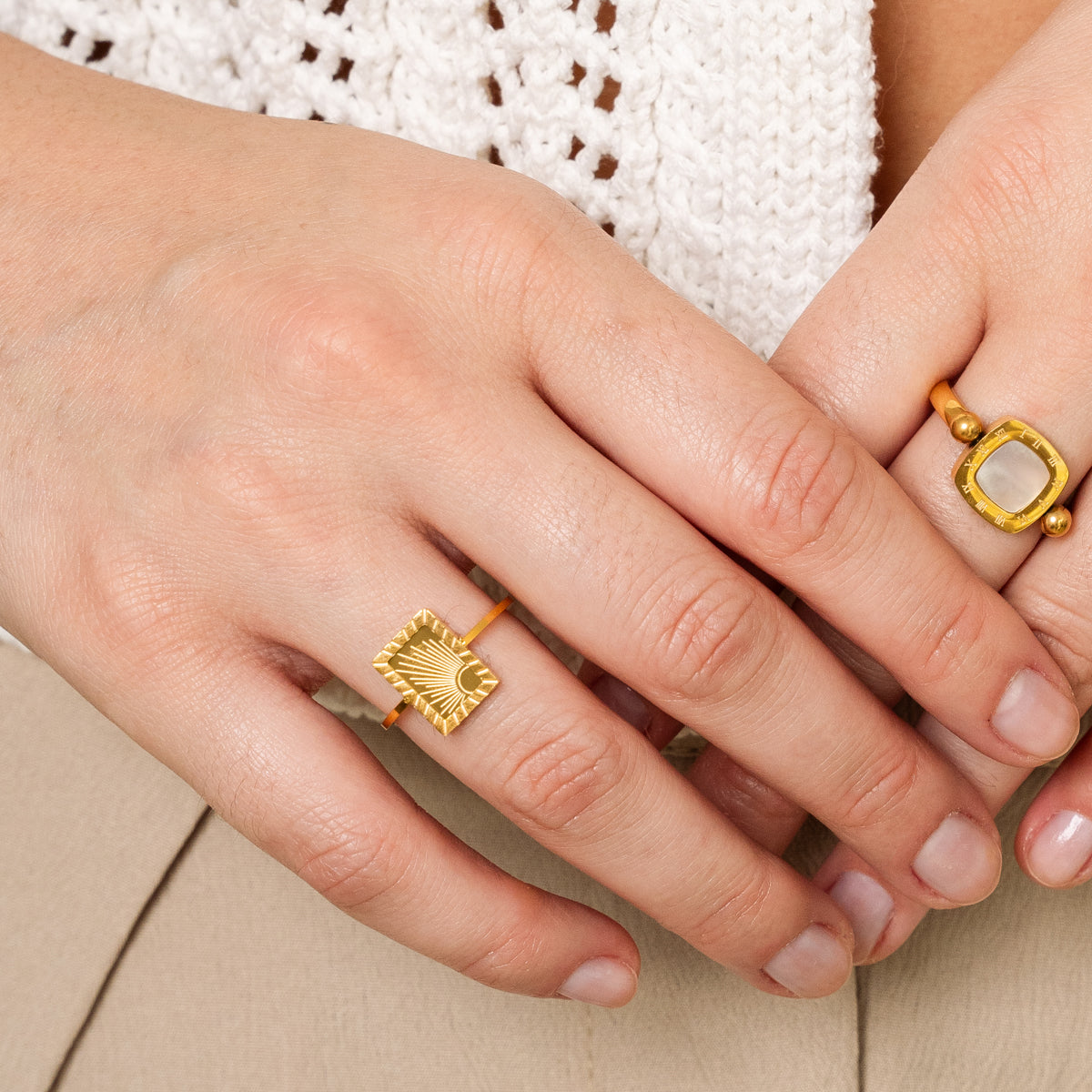 Square Rotatable Numeral Pendant Ring - Gold Tone