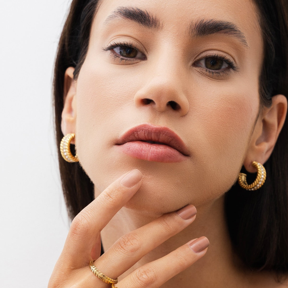 Curb Chain Stone Hoop Earrings - Gold Tone