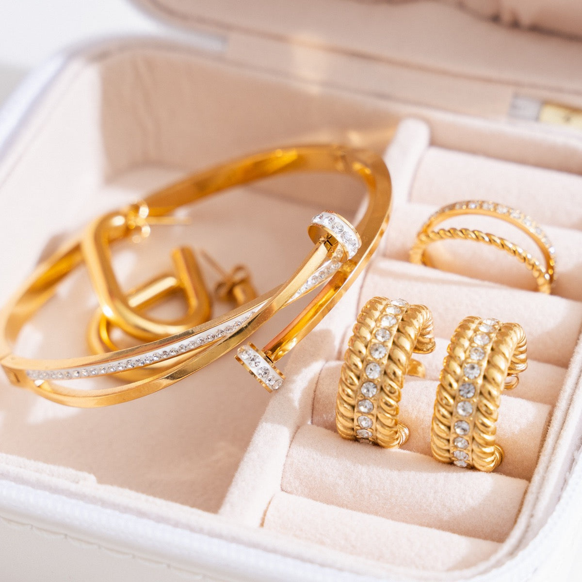 Curb Chain Stone Hoop Earrings - Gold Tone