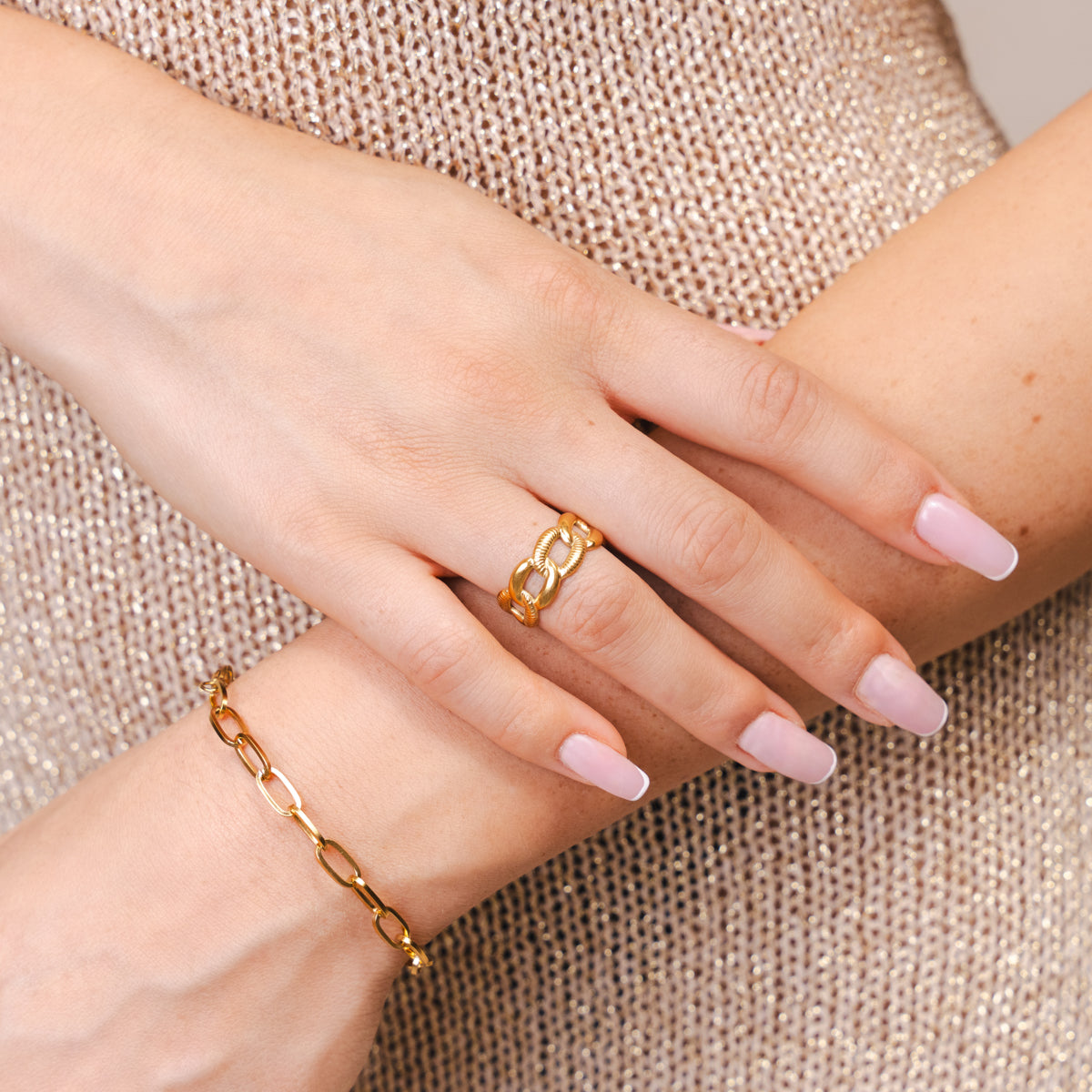 Linked Adjustable Ring - Gold Tone