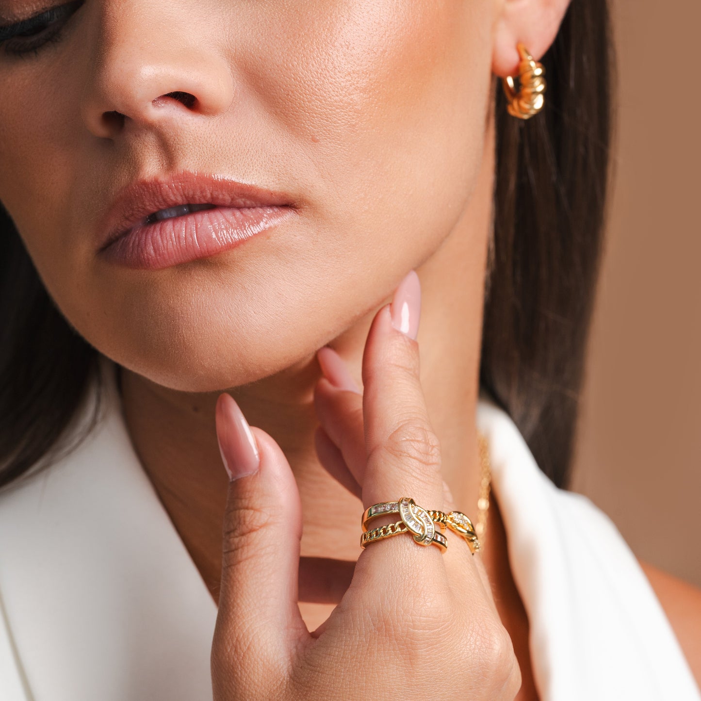 Woven Double Layer Stone Ring - Gold Tone