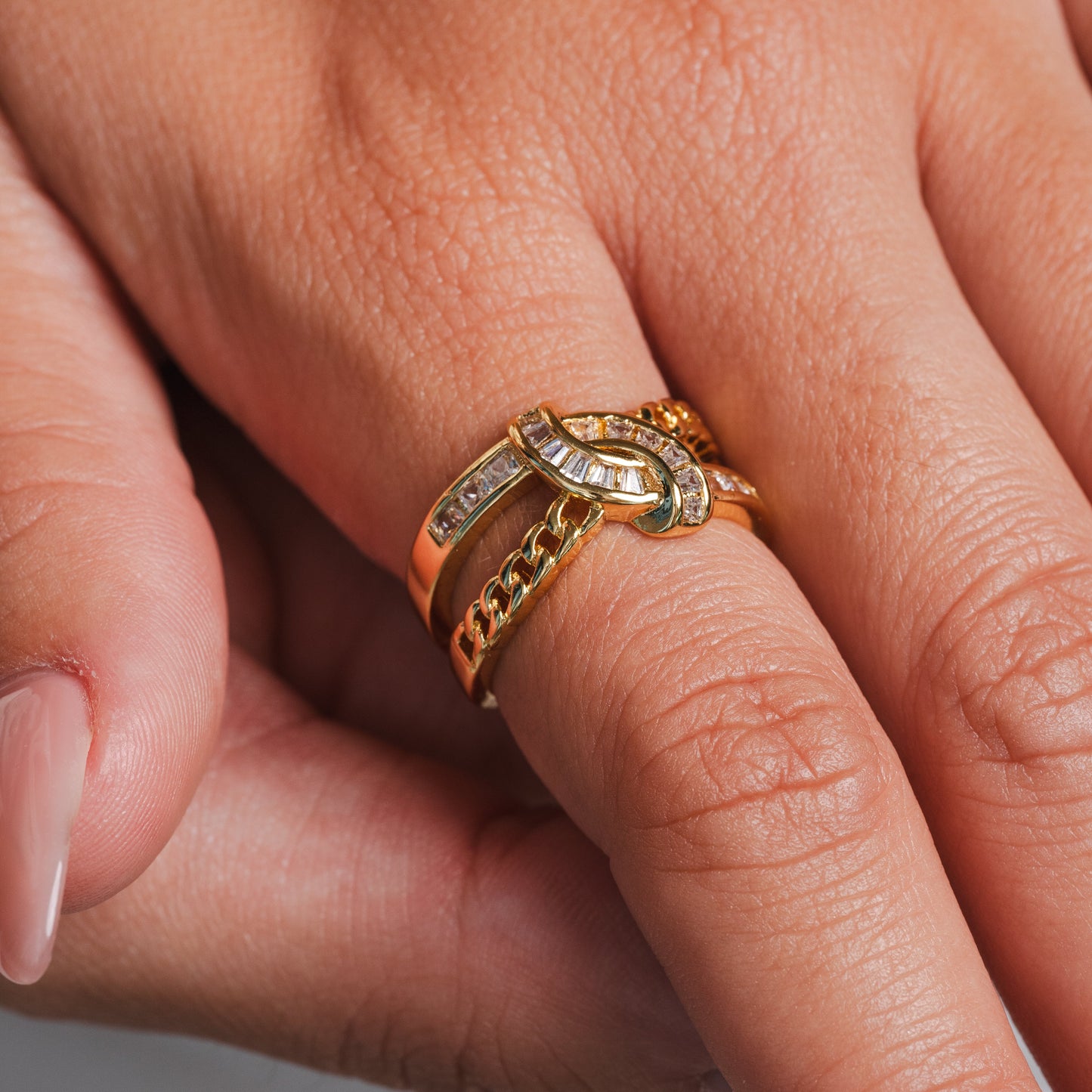 Woven Double Layer Stone Ring - Gold Tone