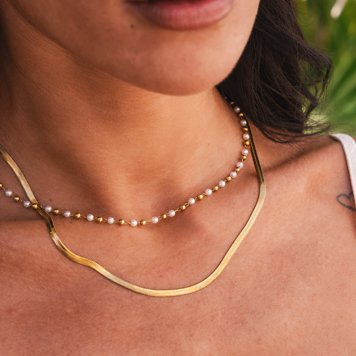 Contrast Pearl Layered Snake Chain Necklace - Gold Tone
