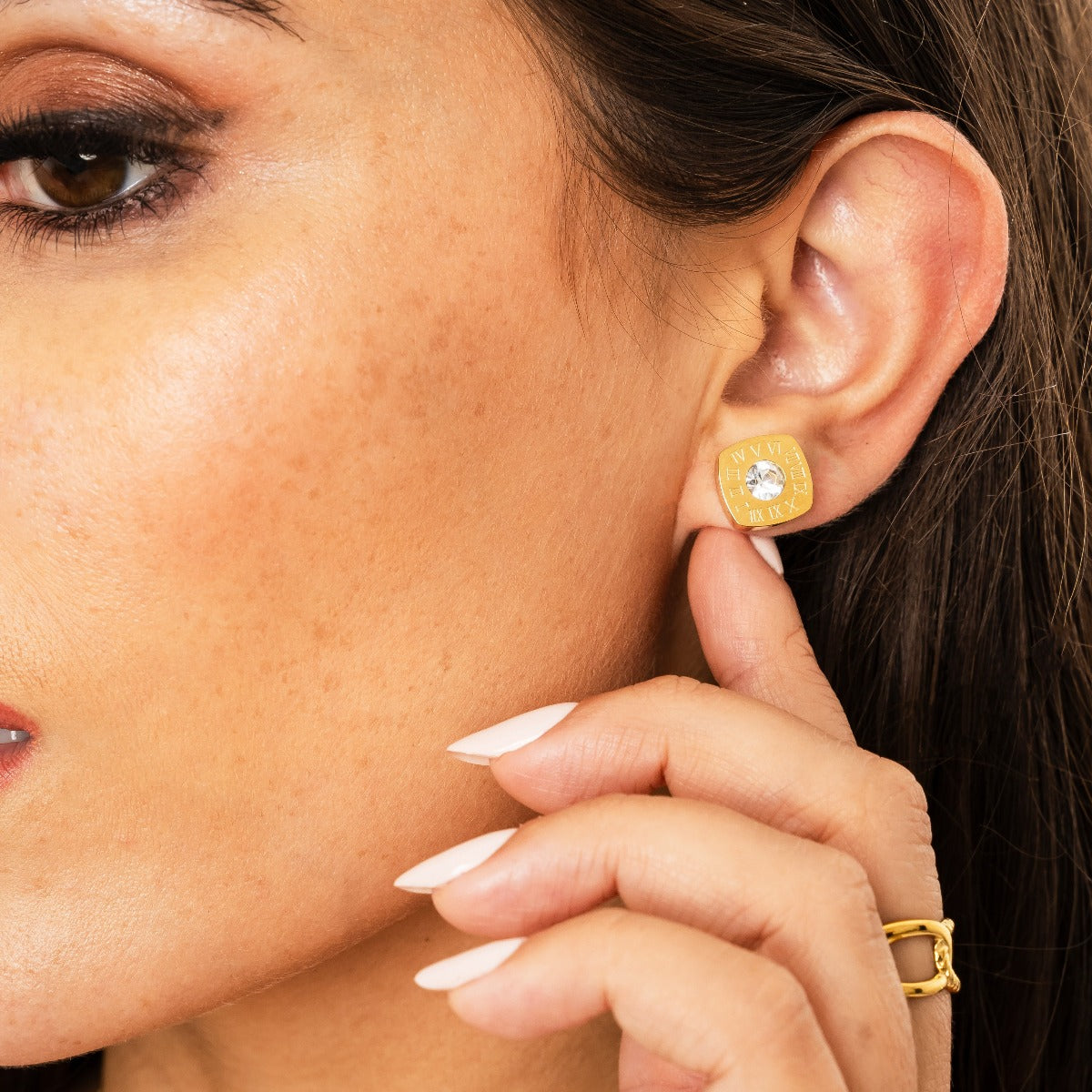 Square Latin Stud Stone Earrings - Gold Tone
