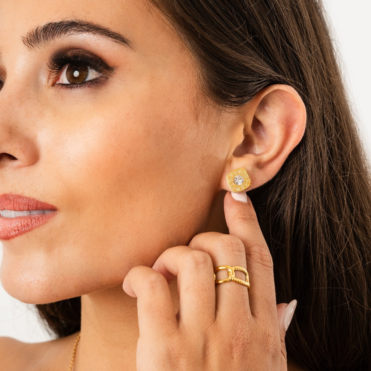 Square Latin Stud Stone Earrings - Gold Tone