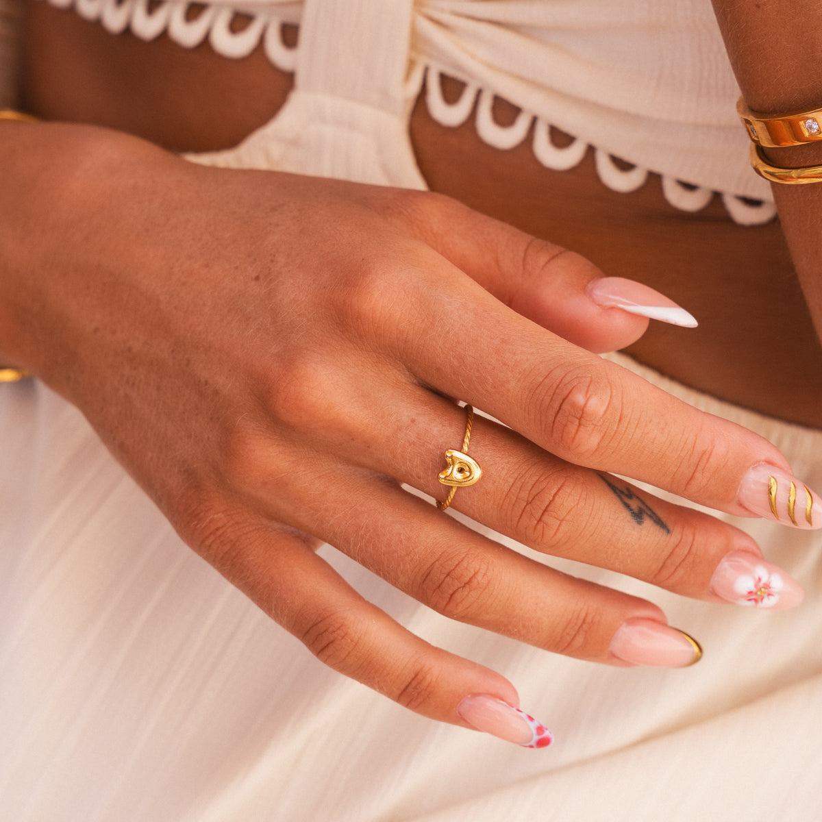 Bubble Initial Rope Chain Adjustable Ring - Gold Tone