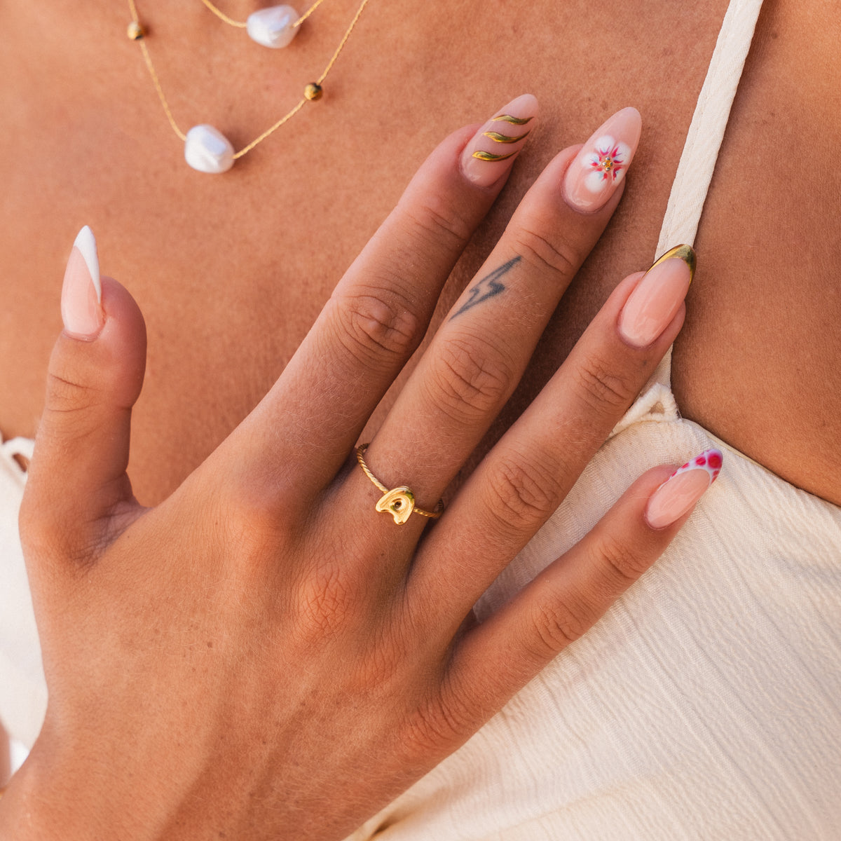 Bubble Initial Rope Chain Adjustable Ring - Gold Tone