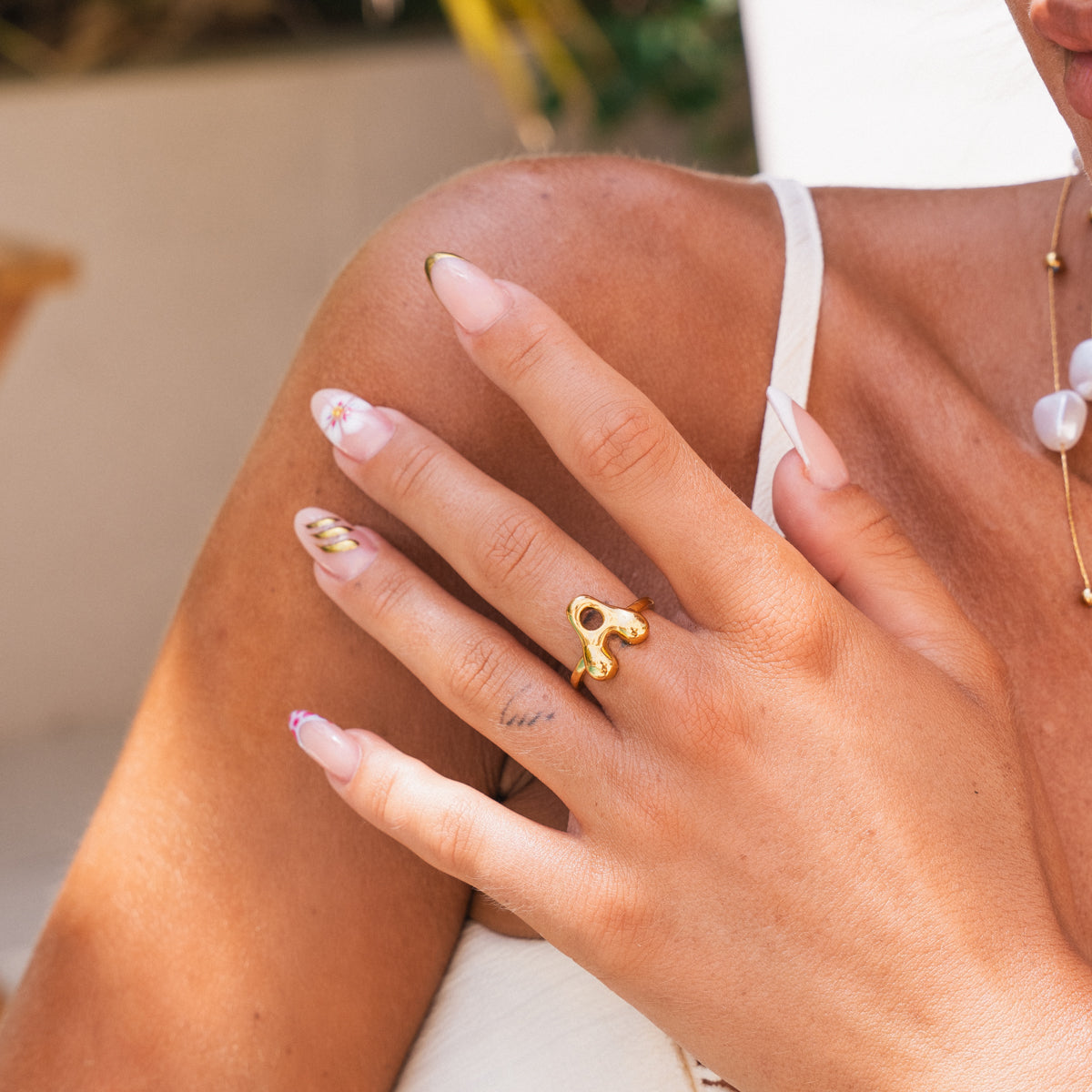 Bubble Initial Adjustable Ring - Gold Tone