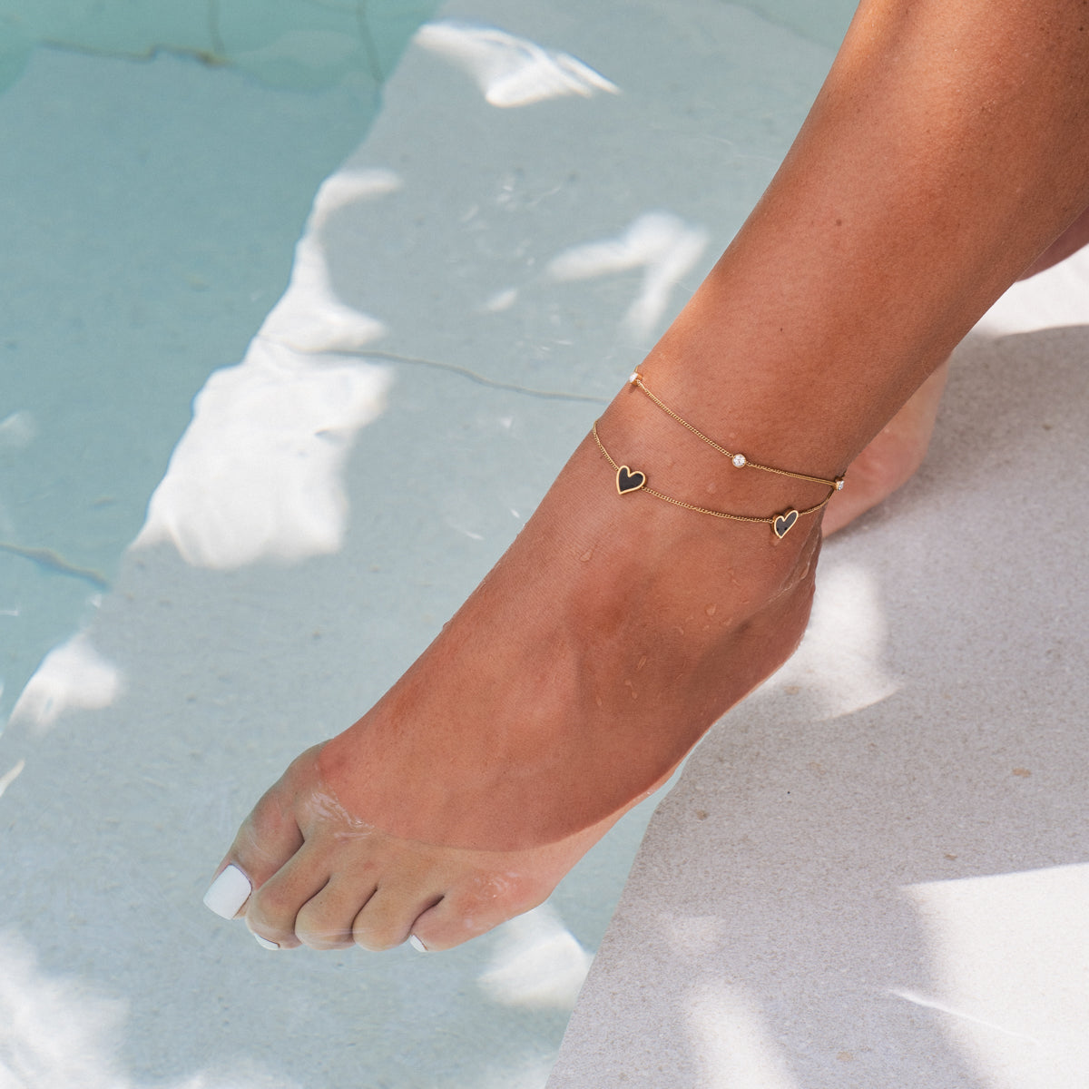 Stone Heart Double Chain Anklet - Gold Tone