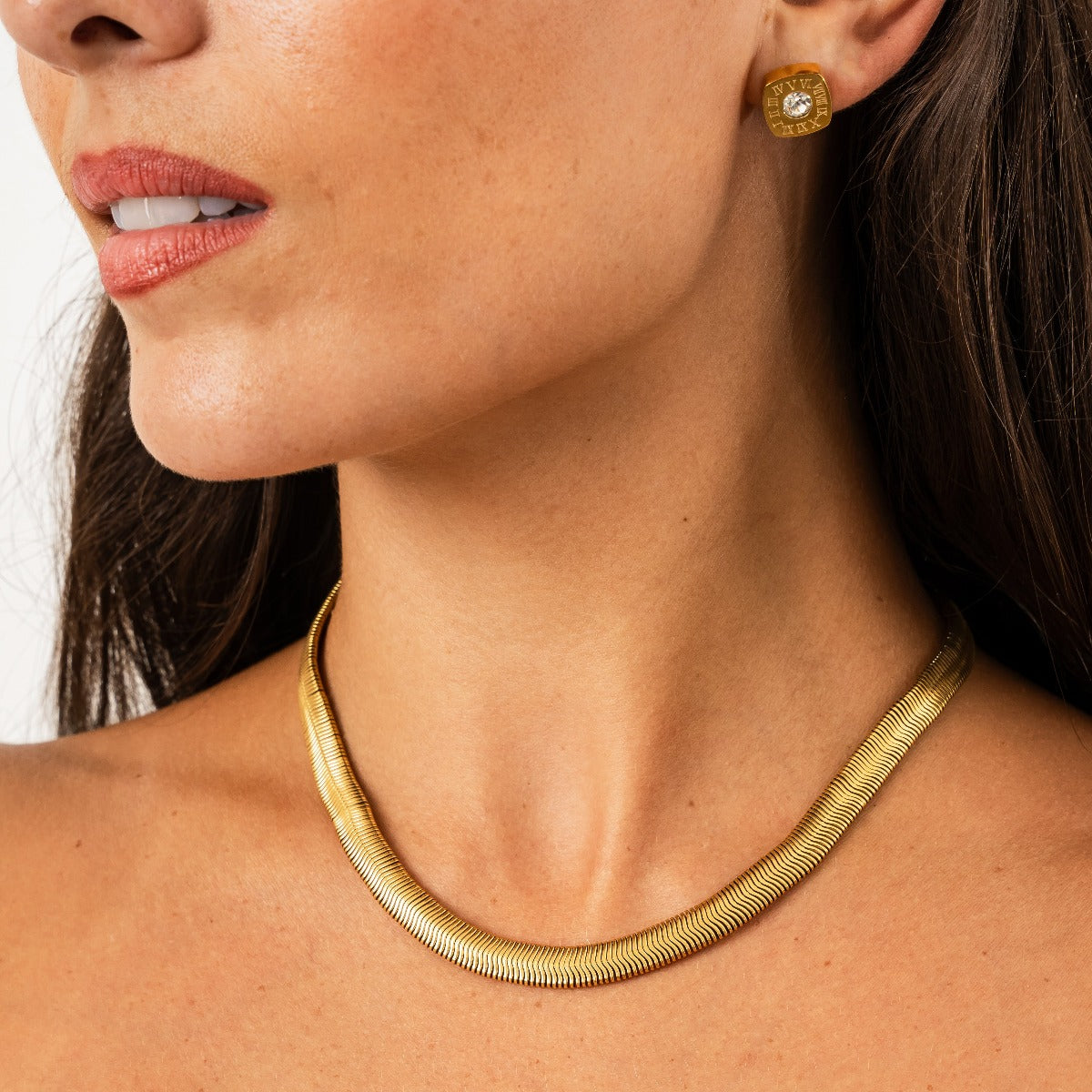 Square Latin Stud Stone Earrings - Gold Tone