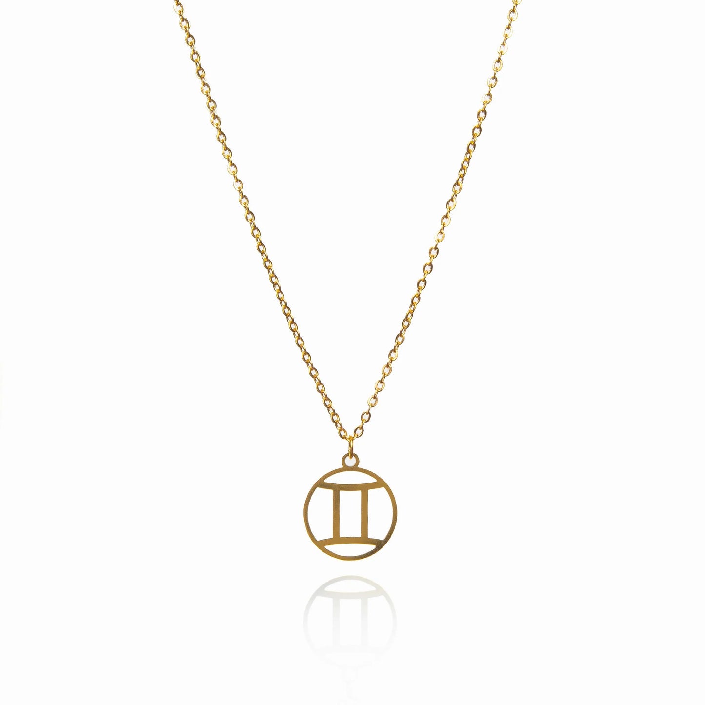 Gold Tone Zodiac Necklace featuring Gemini symbol in a round charm. Nickel-free and ideal for astrology-themed fashion.