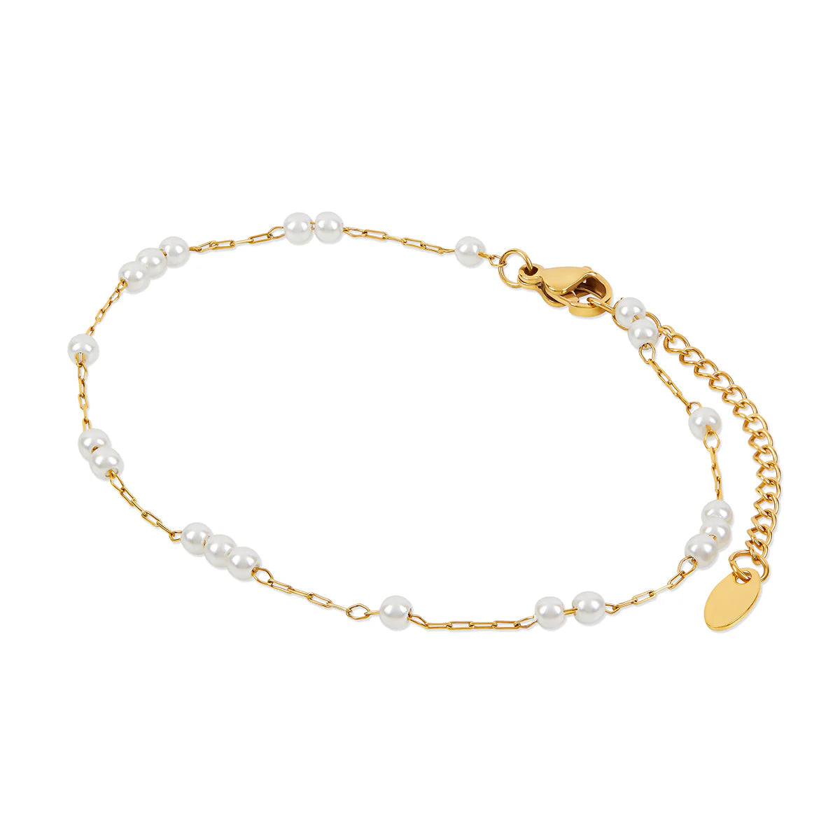 Dainty Pearl Anklet - Gold Tone Tone with delicate white pearls on a fine gold chain, water-resistant and perfect for everyday or special occasions.