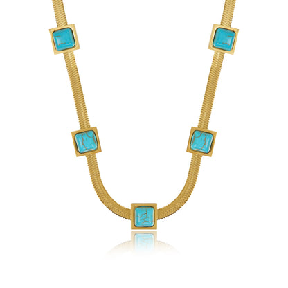 Aqua Stone Snake Chain Necklace - Gold Tone
