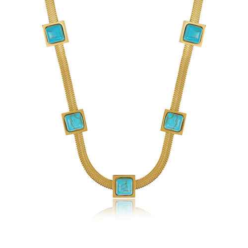 Aqua Stone Snake Chain Necklace - Gold Tone