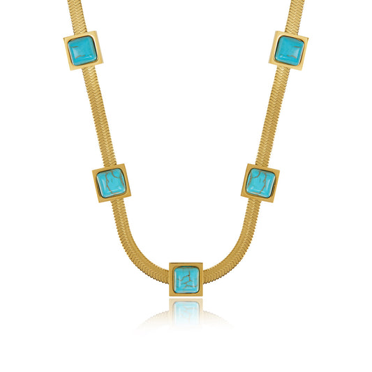 Aqua Stone Snake Chain Necklace - Gold Tone
