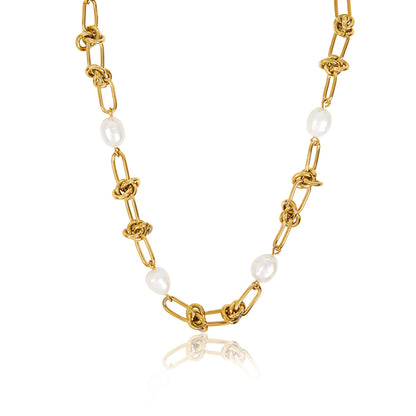 Pearl Knot Necklace - Gold Tone