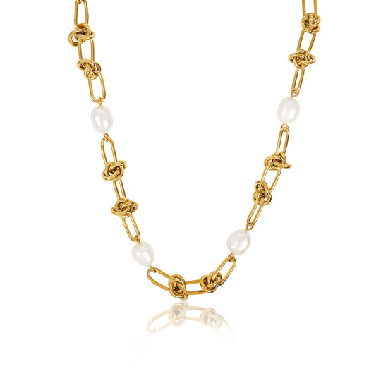Pearl Knot Necklace - Gold Tone