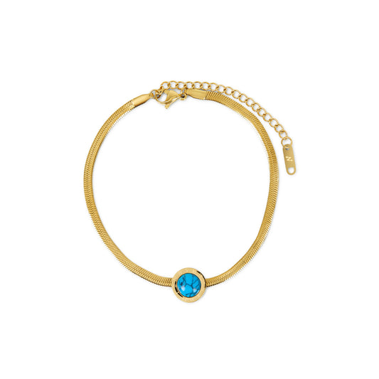 Aqua Stone Snake Chain Anklet - Gold Tone