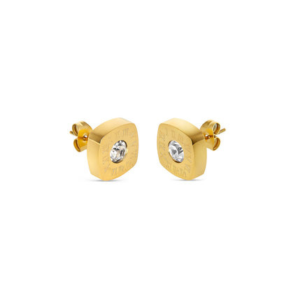 Square Latin Stud Stone Earrings - Gold Tone