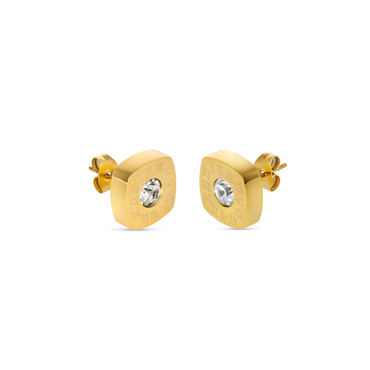Square Latin Stud Stone Earrings - Gold Tone