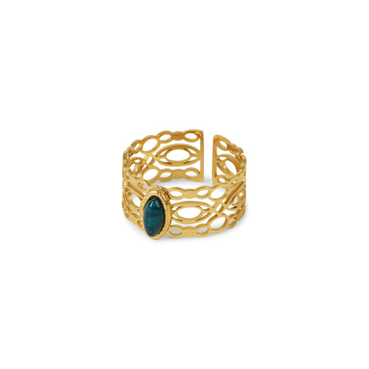 Malachite Oval Stone Ring - Gold Tone