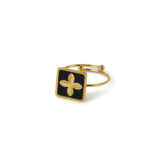 La Fleur Plate Ring - Gold Tone/Black (Adjustable)