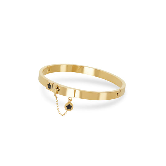 Flower Lock Charm Pendant Bangle Bracelet - Gold Tone