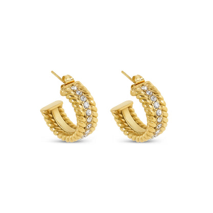 Curb Chain Stone Hoop Earrings - Gold Tone