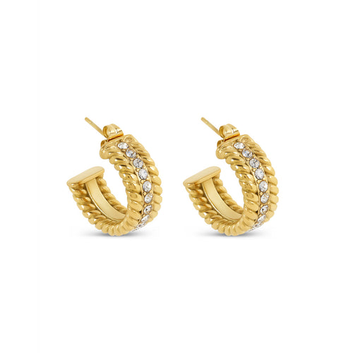 Curb Chain Stone Hoop Earrings - Gold Tone