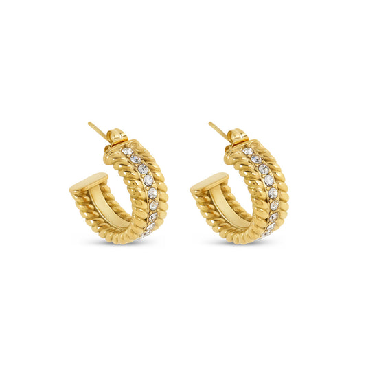 Curb Chain Stone Hoop Earrings - Gold Tone
