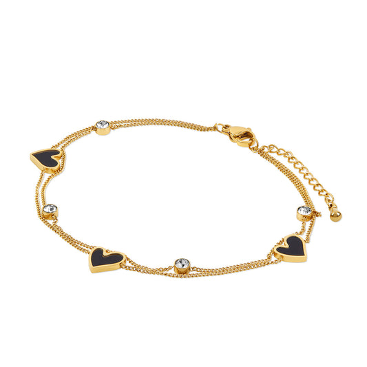 Stone Heart Double Chain Anklet - Gold Tone