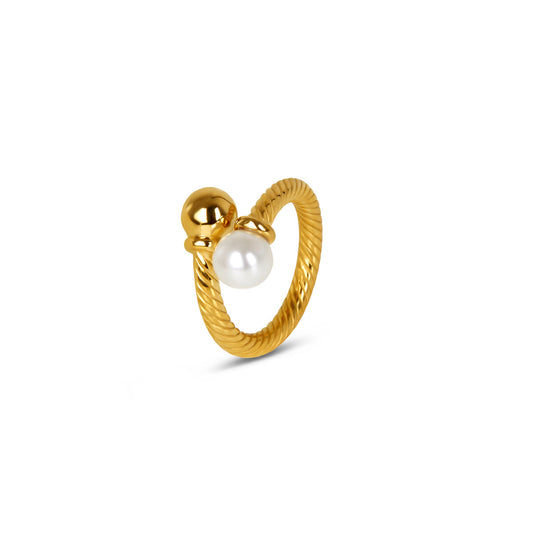 Pearl Ball Twisted Ring - Gold Tone