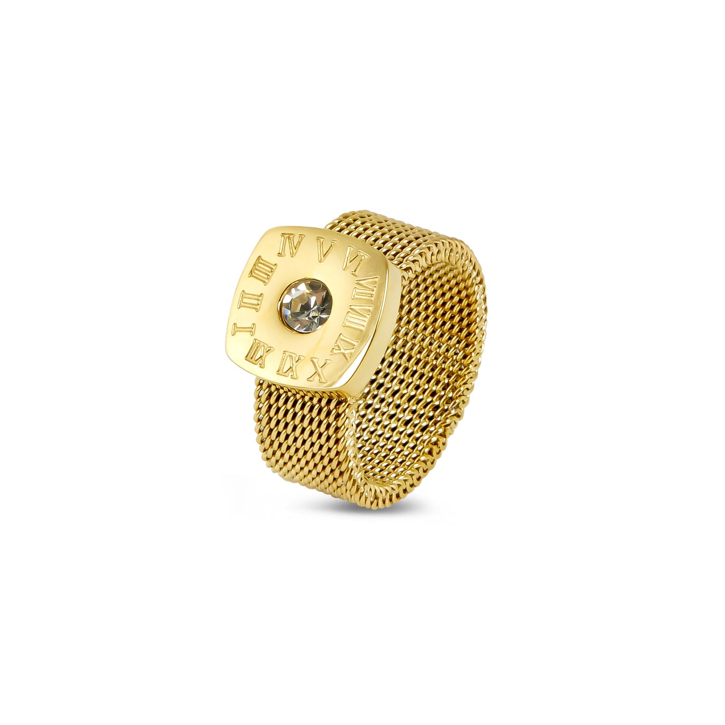 Mesh Strap Latin Stone Ring - Gold Tone
