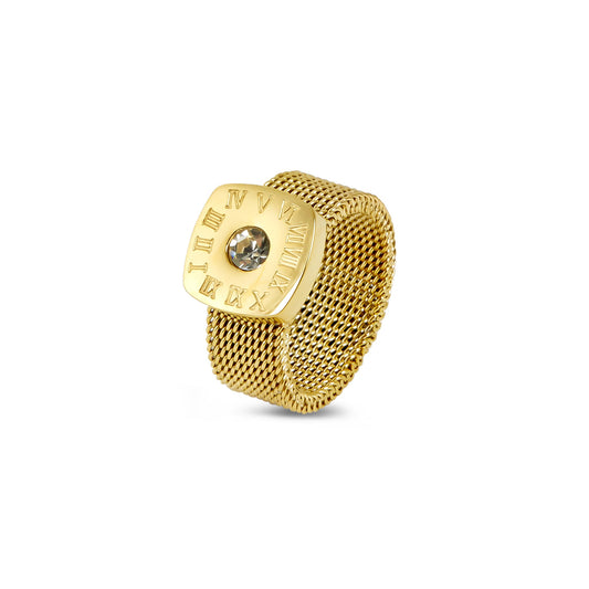 Mesh Strap Latin Stone Ring - Gold Tone