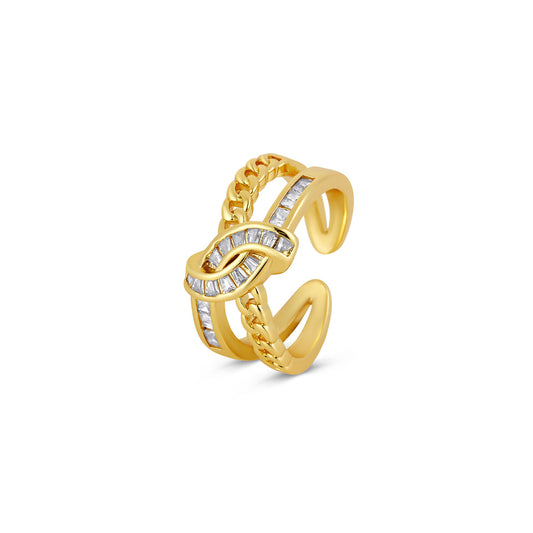 Woven Double Layer Stone Ring - Gold Tone