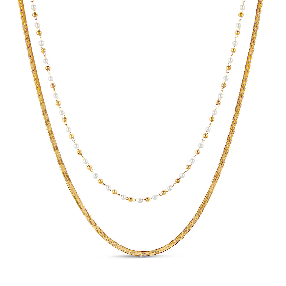 Contrast Pearl Layered Snake Chain Necklace - Gold Tone