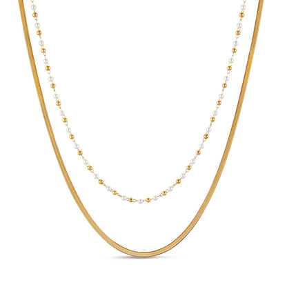 Contrast Pearl Layered Snake Chain Necklace - Gold Tone
