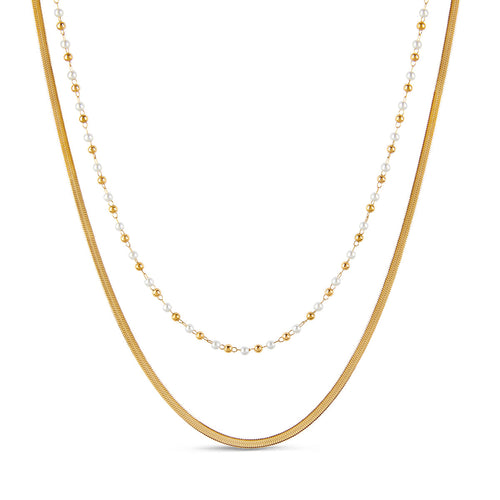 Contrast Pearl Layered Snake Chain Necklace - Gold Tone