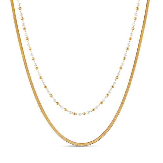 Contrast Pearl Layered Snake Chain Necklace - Gold Tone