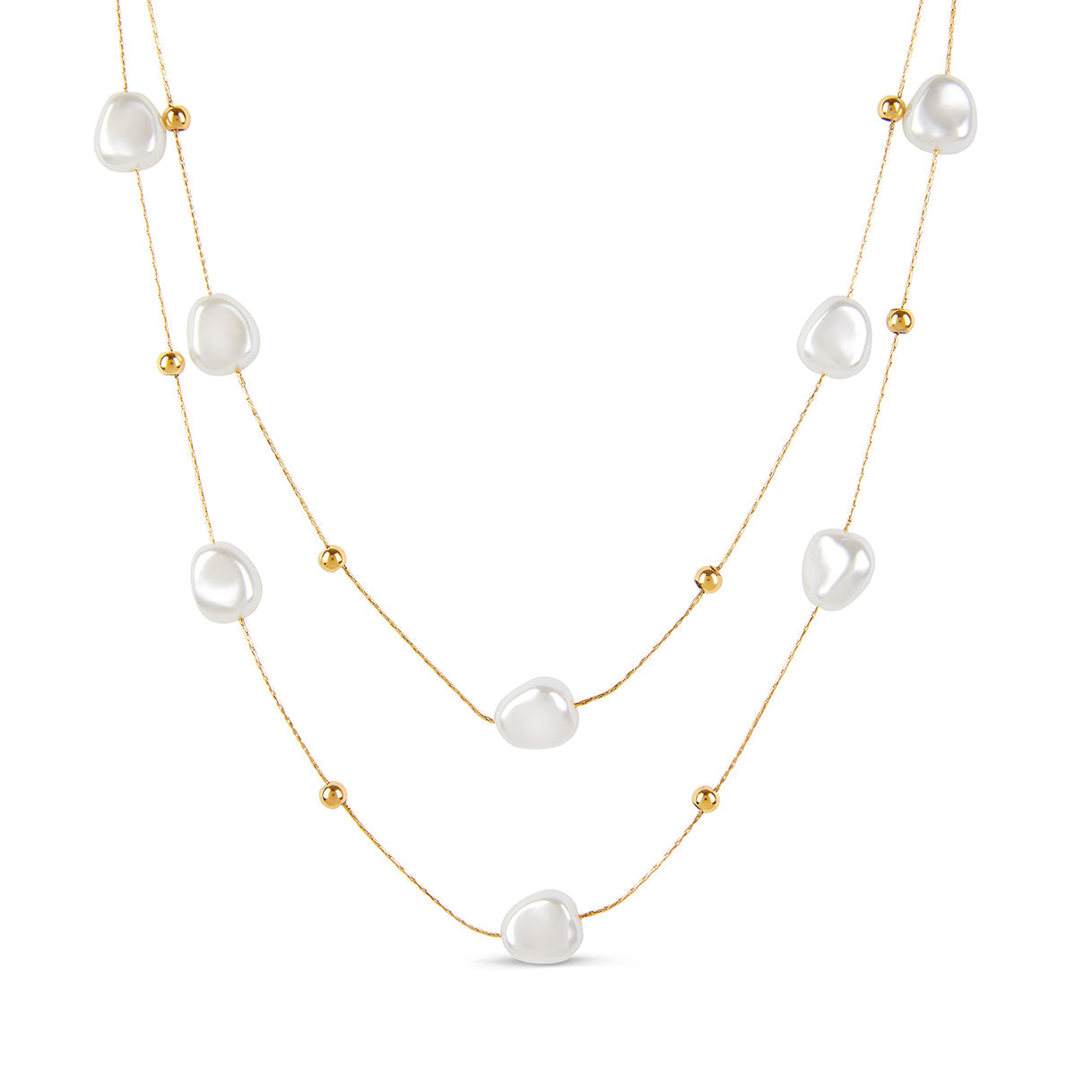 Abstract Pearl Layered Necklace - Gold Tone
