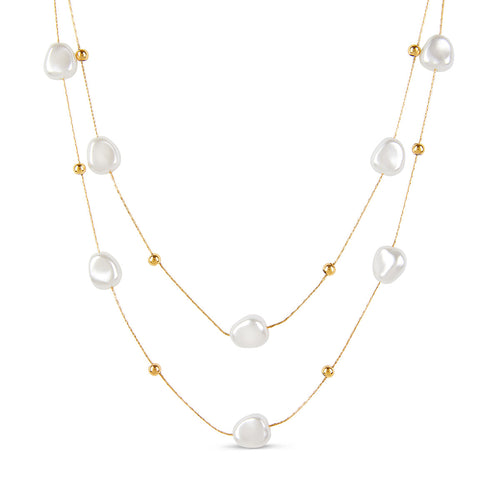 Abstract Pearl Layered Necklace - Gold Tone