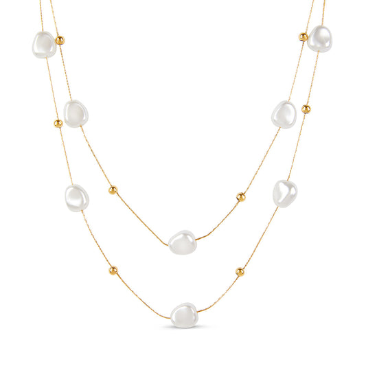 Abstract Pearl Layered Necklace - Gold Tone