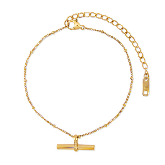 T-Bar Ball Chain Anklet - Gold Tone