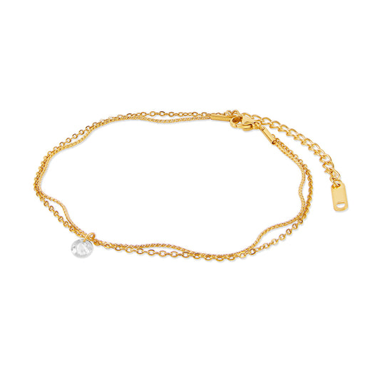 Stone Drop Double Chain Anklet - Gold Tone
