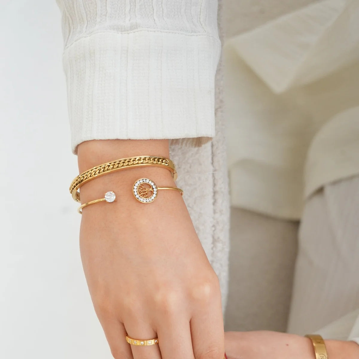 Tree of Life Stone Bangle Bracelet - Gold